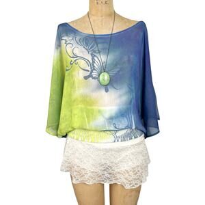 Fairy Y2K Sheer Mesh Butterfly Blouse Cyber Abstract‎ Top Dolman Sleeves Beachy